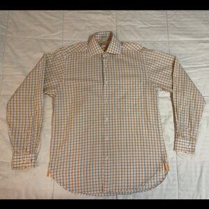 Christian Dior Dress Shirt White Blue Orange Plaid/Chevron Men’s Size S 14.5 EUC
